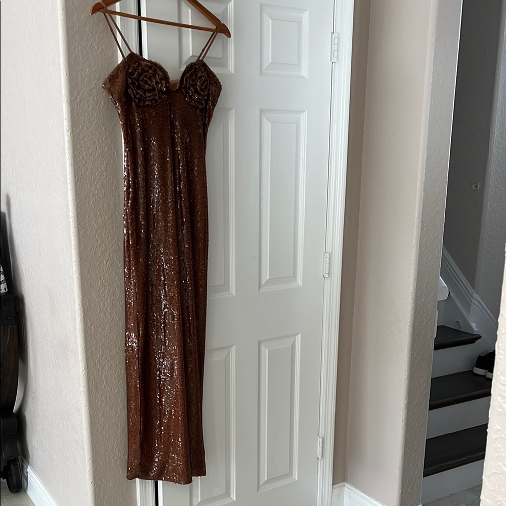 Magda Butrym Brown Sequin Strapless Gown